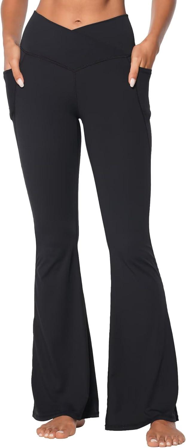 imageSunzel Flare Leggings for Women with Pockets Crossover Yoga Pants with Tummy Control High Waisted and Wide LegHot Pink