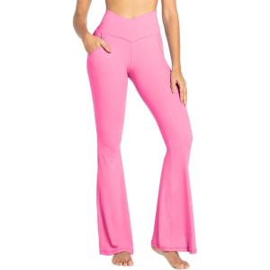 imageSunzel Flare Leggings for Women with Pockets Crossover Yoga Pants with Tummy Control High Waisted and Wide LegBubble Pink