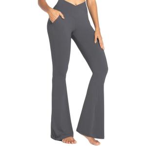 imageSunzel Flare Leggings for Women with Pockets Crossover Yoga Pants with Tummy Control High Waisted and Wide LegGrey