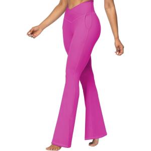 imageSunzel Flare Leggings for Women with Pockets Crossover Yoga Pants with Tummy Control High Waisted and Wide LegHot Pink