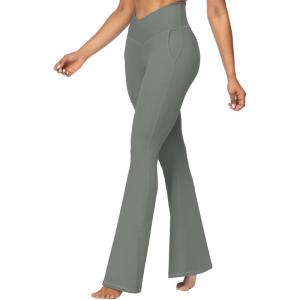 imageSunzel Flare Leggings for Women with Pockets Crossover Yoga Pants with Tummy Control High Waisted and Wide LegSilver