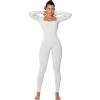 imageSunzel Long Sleeve Bodysuits One Piece Jumpsuit for Women with Square Neck and Butt Scrunch Leggings Seamless Ribbed RompersBeige