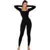 imageSunzel Long Sleeve Bodysuits One Piece Jumpsuit for Women with Square Neck and Butt Scrunch Leggings Seamless Ribbed RompersBlack