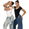 imageSunzel Womens Short Sleeve Bodysuits Double Lined Thong Body Suit Shirt Scoop Neck Going Out Tops Casual Tight LeotardsBlack