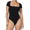 imageSunzel Womens Short Sleeve Bodysuits Double Lined Thong Body Suit Shirt Square Neck Going Out Tops Casual Tight LeotardsBlack