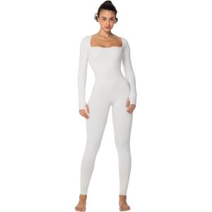 imageSunzel Long Sleeve Bodysuits One Piece Jumpsuit for Women with Square Neck and Butt Scrunch Leggings Seamless Ribbed RompersBeige