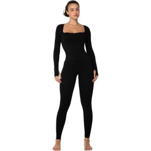 imageSunzel Long Sleeve Bodysuits One Piece Jumpsuit for Women with Square Neck and Butt Scrunch Leggings Seamless Ribbed RompersBlack
