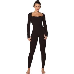 imageSunzel Long Sleeve Bodysuits One Piece Jumpsuit for Women with Square Neck and Butt Scrunch Leggings Seamless Ribbed RompersBrown