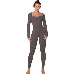 imageSunzel Long Sleeve Bodysuits One Piece Jumpsuit for Women with Square Neck and Butt Scrunch Leggings Seamless Ribbed RompersDark Grey