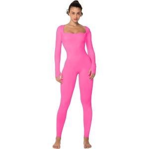imageSunzel Long Sleeve Bodysuits One Piece Jumpsuit for Women with Square Neck and Butt Scrunch Leggings Seamless Ribbed RompersHot Pink
