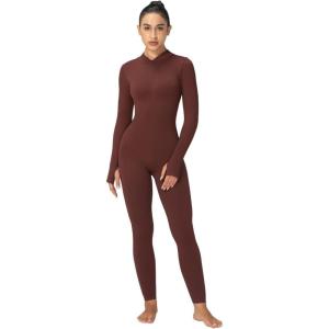 imageSunzel Long Sleeve Jumpsuits for Women Ribbed One Piece Casual Yoga Workout Zip Front Bodycon Legging Fit ampamp ThumbholeBrown