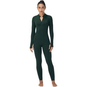 imageSunzel Long Sleeve Jumpsuits for Women Ribbed One Piece Casual Yoga Workout Zip Front Bodycon Legging Fit ampamp ThumbholeDark Teal