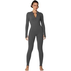imageSunzel Long Sleeve Jumpsuits for Women Ribbed One Piece Casual Yoga Workout Zip Front Bodycon Legging Fit ampamp ThumbholeGray
