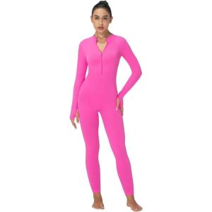 imageSunzel Long Sleeve Jumpsuits for Women Ribbed One Piece Casual Yoga Workout Zip Front Bodycon Legging Fit ampamp ThumbholeHot Pink