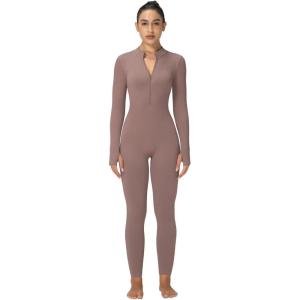 imageSunzel Long Sleeve Jumpsuits for Women Ribbed One Piece Casual Yoga Workout Zip Front Bodycon Legging Fit ampamp ThumbholeKhaki
