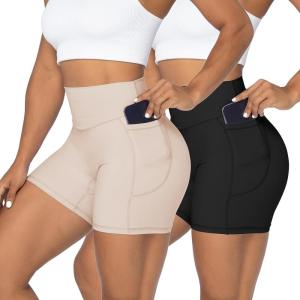 imageSunzel No Front Seam Biker Shorts for Women with Pockets Yoga Workout Gym Bike Shorts with Tummy ControlBlackbeige 2 Pack