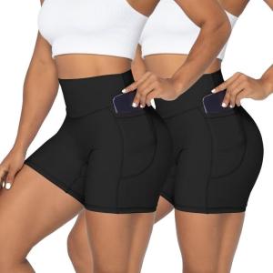 imageSunzel No Front Seam Biker Shorts for Women with Pockets Yoga Workout Gym Bike Shorts with Tummy ControlBlackblack 2 Pack