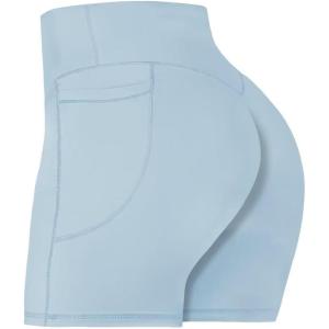 imageSunzel No Front Seam Biker Shorts for Women with Pockets Yoga Workout Gym Bike Shorts with Tummy ControlLight Blue