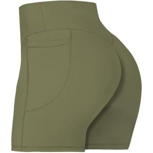 imageSunzel No Front Seam Biker Shorts for Women with Pockets Yoga Workout Gym Bike Shorts with Tummy ControlOlive Green