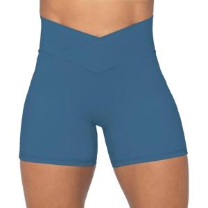 imageSunzel Sunzfly Crossover Biker Shorts for Women No Front Seam V High Waist Yoga Workout Gym Shorts with Tummy ControlBlue Gray