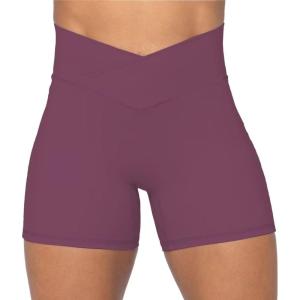 imageSunzel Sunzfly Crossover Biker Shorts for Women No Front Seam V High Waist Yoga Workout Gym Shorts with Tummy ControlPurple Red