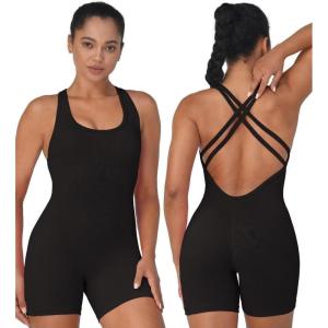 imageSunzel Womens Backless Romper Scrunch Butt Shorts Seamless Jumpsuits Bodycon Workout Unitard Bodysuit built in BraBlack