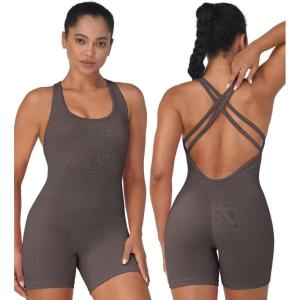 imageSunzel Womens Backless Romper Scrunch Butt Shorts Seamless Jumpsuits Bodycon Workout Unitard Bodysuit built in BraGrey