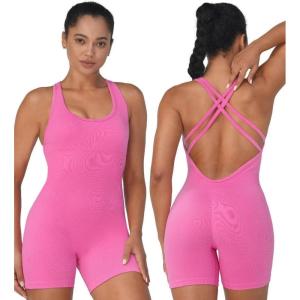 imageSunzel Womens Backless Romper Scrunch Butt Shorts Seamless Jumpsuits Bodycon Workout Unitard Bodysuit built in BraHot Pink