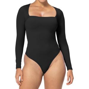 imageSunzel Womens Long Sleeve Bodysuits Double Lined Thong Body Suit Shirt Square Neck Going Out Tops Casual Tight LeotardsBlack