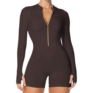 imageSunzel Womens One Piece Zip Up Rompers Long Sleeve Yoga Gym Workout Shorts Tummy Control Bodysuit Bodycon Jumpsuits