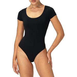 imageSunzel Womens Short Sleeve Bodysuits Double Lined Thong Body Suit Shirt Scoop Neck Going Out Tops Casual Tight LeotardsBlack