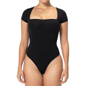 imageSunzel Womens Short Sleeve Bodysuits Double Lined Thong Body Suit Shirt Square Neck Going Out Tops Casual Tight LeotardsBlack