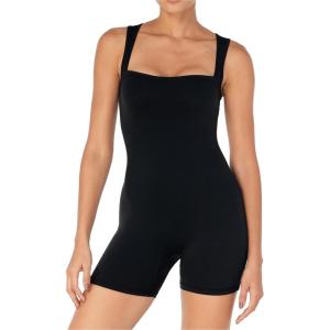 imageSunzfly Athletic Romper Women Buttery Soft Workout Jumpsuit Scrunch Shorts Square Neck Bodysuit One Piece Sleeveless Tank TopBlack