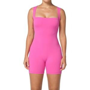 imageSunzfly Athletic Romper Women Buttery Soft Workout Jumpsuit Scrunch Shorts Square Neck Bodysuit One Piece Sleeveless Tank TopHot Pink