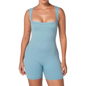 imageSunzfly Athletic Romper Women Buttery Soft Workout Jumpsuit Scrunch Shorts Square Neck Bodysuit One Piece Sleeveless Tank TopStone Blue