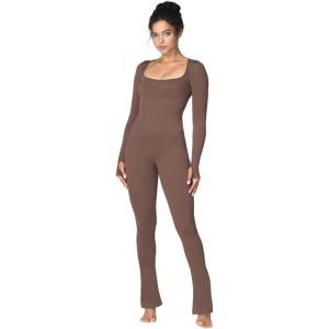 imageLong Sleeve Flare Jumpsuits for Women Seamless Wide Leg One Piece Yoga Workout Casual Bodycon Romper Bodysuits