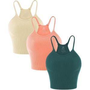 imageSunzel Free to Be Tank Crop Ribbed Tank Tops Seamless Racerback Camisoles No pad Camis Cropped Workout Gym YogaBbeige Coral Teal3pcscrop