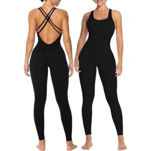 imageSunzel Jumpsuits for Women Backless Seamless Workout One Piece Bodycon Romper Scoop Neck Butt Scrunch Leggings UnitardBlack