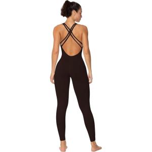 imageSunzel Jumpsuits for Women Backless Seamless Workout One Piece Bodycon Romper Scoop Neck Butt Scrunch Leggings UnitardBrown