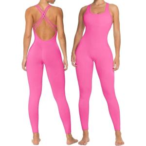 imageSunzel Jumpsuits for Women Backless Seamless Workout One Piece Bodycon Romper Scoop Neck Butt Scrunch Leggings UnitardHot Pink