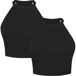 imageSunzel Ribbed Tank Tops for Women Halter High Neck Seamless Cute Crop Top Basics Sleeveless Workout Athletic Yoga ShirtsBlackblack Crop 2 Pack