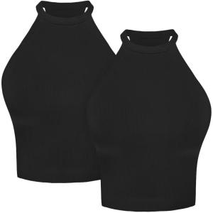 imageSunzel Ribbed Tank Tops for Women Halter High Neck Seamless Cute Crop Top Basics Sleeveless Workout Athletic Yoga ShirtsBlackblack Waist Length 2 Pack