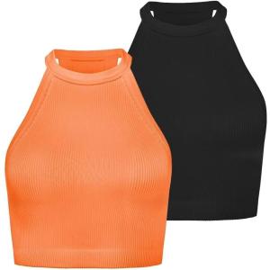 imageSunzel Ribbed Tank Tops for Women Halter High Neck Seamless Cute Crop Top Basics Sleeveless Workout Athletic Yoga ShirtsBlackbright Orange Crop 2 Pack