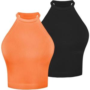 imageSunzel Ribbed Tank Tops for Women Halter High Neck Seamless Cute Crop Top Basics Sleeveless Workout Athletic Yoga ShirtsBlackbright Orange Waist Length 2 Pack