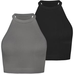 imageSunzel Ribbed Tank Tops for Women Halter High Neck Seamless Cute Crop Top Basics Sleeveless Workout Athletic Yoga ShirtsBlackcharcoal Gray Crop 2 Pack
