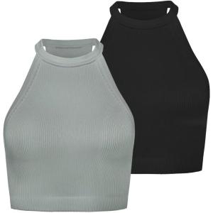 imageSunzel Ribbed Tank Tops for Women Halter High Neck Seamless Cute Crop Top Basics Sleeveless Workout Athletic Yoga ShirtsBlackgrey Green Crop 2 Pack