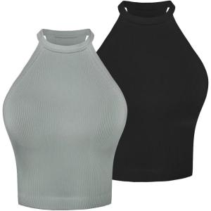 imageSunzel Ribbed Tank Tops for Women Halter High Neck Seamless Cute Crop Top Basics Sleeveless Workout Athletic Yoga ShirtsBlackgrey Green Waist Length 2 Pack