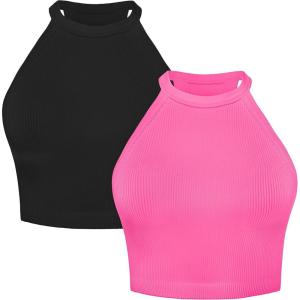imageSunzel Ribbed Tank Tops for Women Halter High Neck Seamless Cute Crop Top Basics Sleeveless Workout Athletic Yoga ShirtsBlackhot Pink Crop 2 Pack