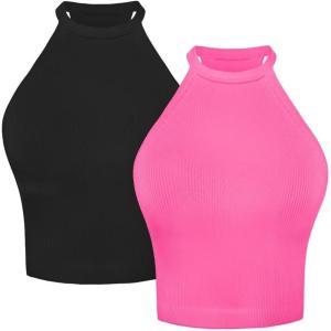 imageSunzel Ribbed Tank Tops for Women Halter High Neck Seamless Cute Crop Top Basics Sleeveless Workout Athletic Yoga ShirtsBlackhot Pink Waist Length 2 Pack
