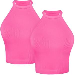 imageSunzel Ribbed Tank Tops for Women Halter High Neck Seamless Cute Crop Top Basics Sleeveless Workout Athletic Yoga ShirtsHot Pinkhot Pink Waist Length 2 Pack